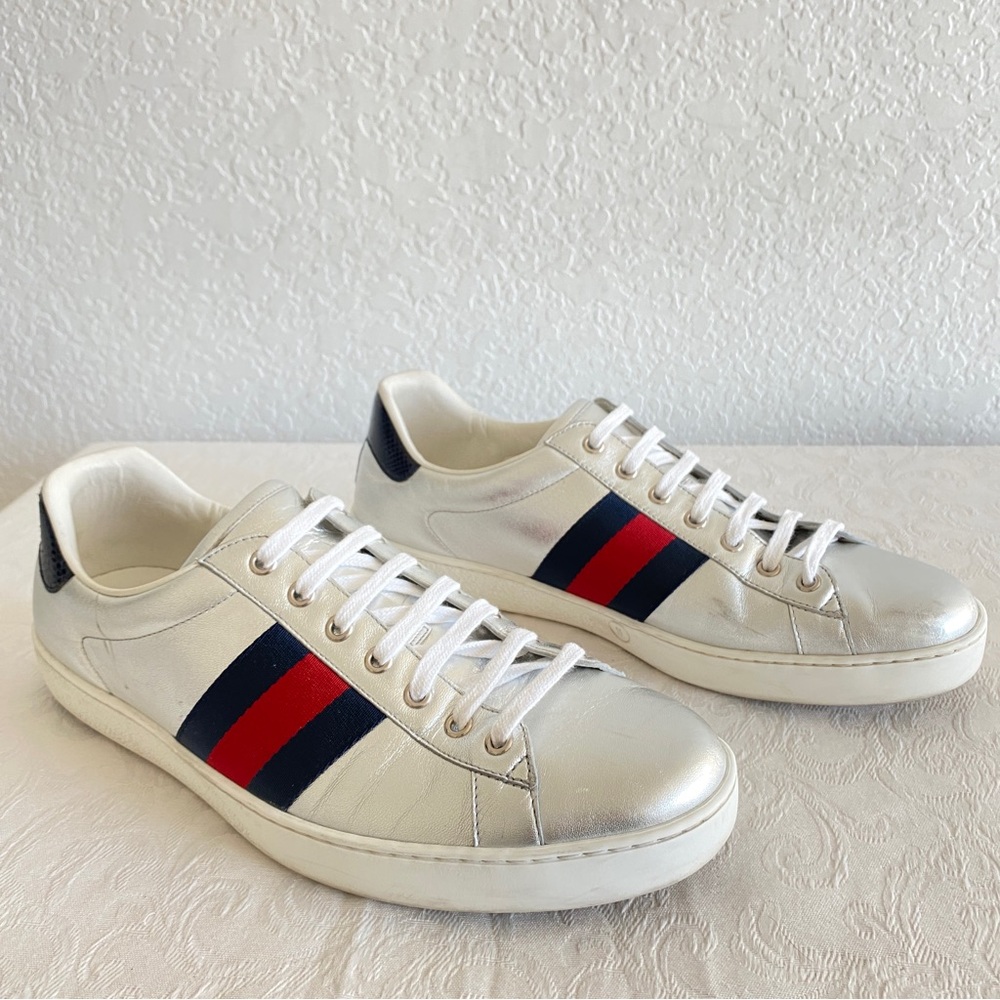 Gucci silver leather Web Sneakers